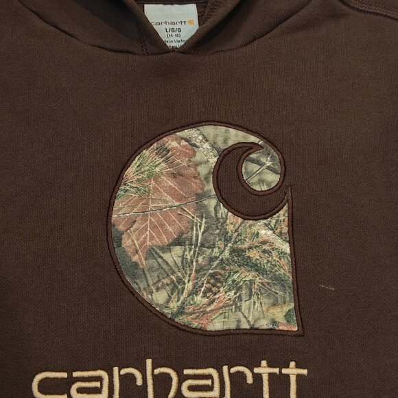 Carhartt Hoodie Camo Logo Pullover Brown Boys Youth Size Large 14-16 Used Stain - Picture 6 of 12